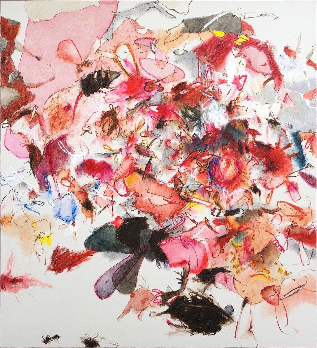 Lukisan abstrak "Small Flies and Other Wings" karya Christine Ay Tjoe, 2013, dengan goresan warna merah, pink, dan hitam yang menggambarkan kekacauan emosi